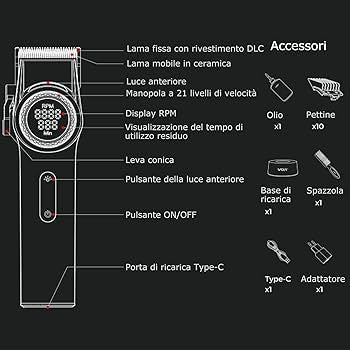 VGR 001 - Tagliacapelli professionale da uomo, senza fili, per tagliare i capelli, lama in acciaio al carbonio, per barbieri, 9000 giri/min, display a LED, nero